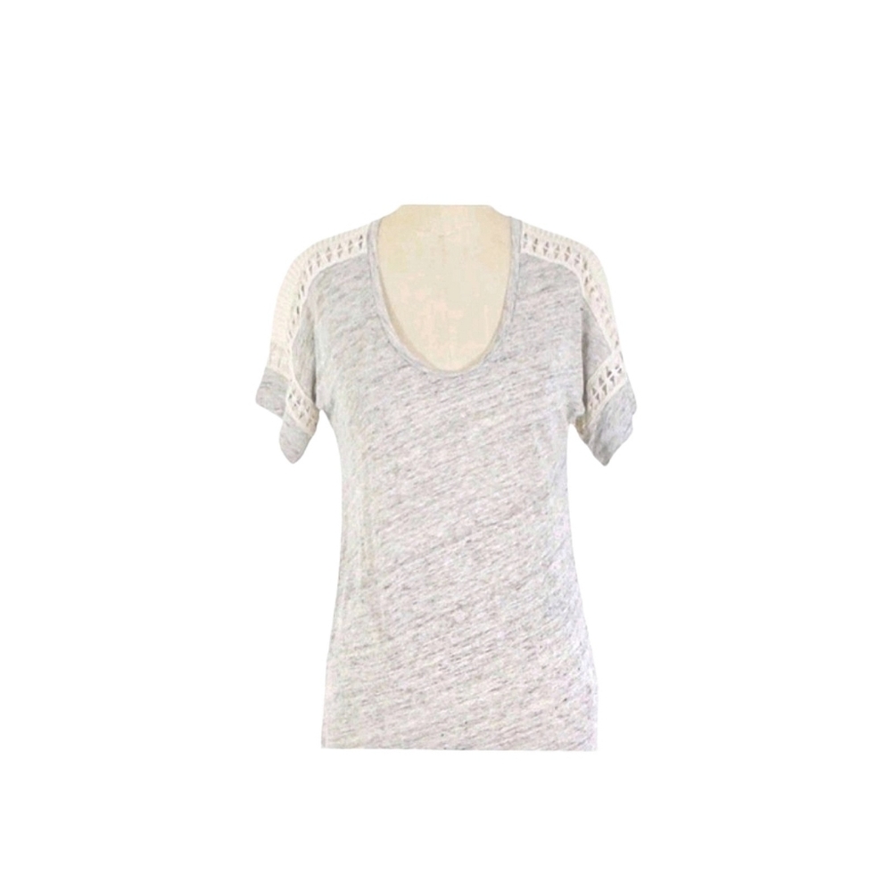 J. Crew Light Heather Gray Linen & Cream Lace Trim Scoop Neck Tee Size S